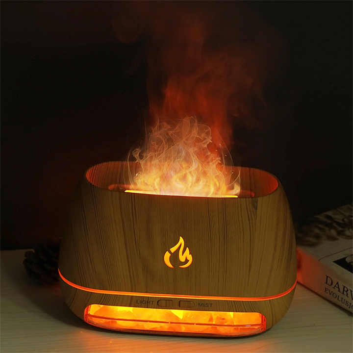 Wood Grain Color Himalayan Salt Flame Aroma Diffuser - 250ml Ultrasonic Humidifier with 7-Color LED Light for Relaxation and Decor