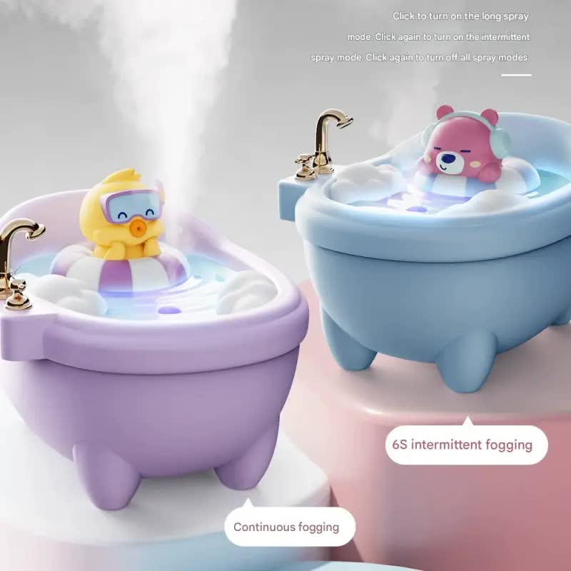 Adorable Bathtub Humidifier with Colorful Night Light - USB-C, 340ml, Auto Shut-Off(Purple Duck)